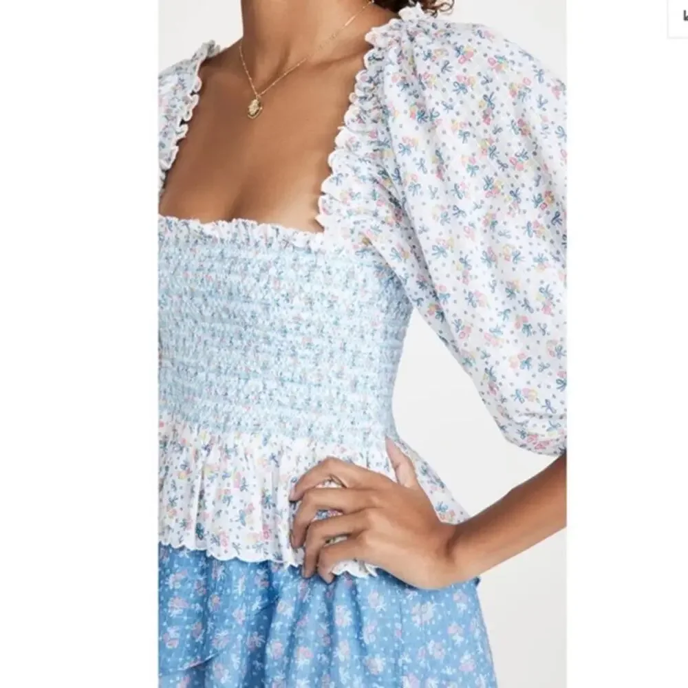 LoveShackFancy NWOT Shaw Large Blue Micro Mini Dress Floral Tiered Tunic - Picture 16 of 16